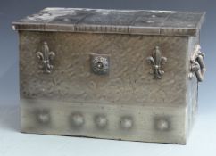 Arts and Crafts style polished steel twin handled coal box with lift out insert, width 49cm