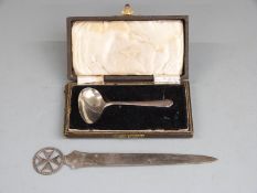 Maltese white metal paper knife, length 19.5cm marked 917, cased hallmarked silver pap spoon, weight