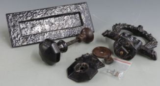 Victorian cast iron door knocker, octagonal door knob, letter box etc