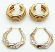 A pair of 9ct gold hoop earrings and another pair of 9ct gold earrings, 8.7g