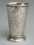 Russian white metal beaker decorated with foliage surrounding a vacant cartouche with 84 silver