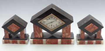 Art Deco marble clock garniture, the eight day movement stamped Marti with stylised numerals and