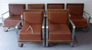 Set of six retro brushed stainless steel and wooden framed designer armchairs with brown leatherette