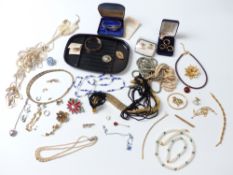 A collection of costume jewellery including silver, beads, micro mosaic, silver earrings, silver