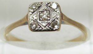 Art Deco yellow metal ring set with diamonds in a platinum setting, 1.9g, size O