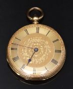 George Edward Frodsham 18ct gold open faced pocket watch with blued hands, black Roman numerals,