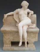 Late 19th or early 20th century carved alabaster model of a nude lady seated on a bench, height 36.