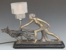 Art Deco style figural lamp with lady walking a dog, length 62cm