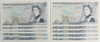 Ten 'J B Page' UK £5 banknotes, all clean, crisp and uncirculated