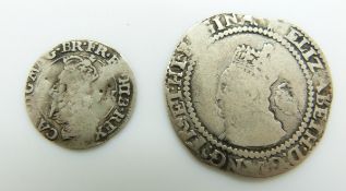 Charles I Scottish hammered 20 pence silver coin, undated, F together with an Elizabeth I 1572 F+