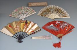 19thC boxed bone and lace fan hand decorated with flowers and butterflies, together with four