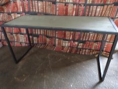 Industrial/haberdashery/shopfitting steel and inset painted wooden trestle table/ display stand,