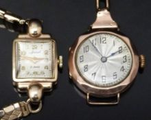 Two 9ct gold lades wristwatches, one Accurist with gold hands and Arabic numerals and silver dial,