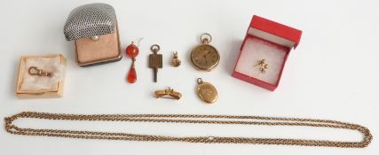 A 9ct gold fob watch, 9ct gold clip, gold plated guard chain, gold plated locket, watch key,