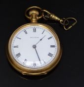 Waltham gold plated keyless winding open faced pocket watch with blued hands, black Roman