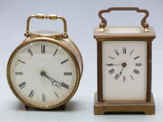 20thC French brass carriage clock with Roman enamelled dial and keyless movement, 10.5cm tall