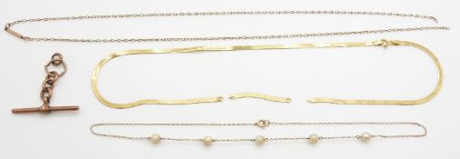A 9ct gold section of necklace, a yellow metal necklace set with pearls and a 9ct gold T bar, 16.5g