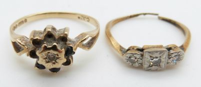 An 18ct gold ring set with three diamonds in a platinum setting, 1.6g, and a 9ct gold ring, 1.4g