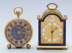 Two Swiza eight day alarm clocks with lapis lazuli type decoration, one with original box