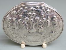 18th century hallmarked silver snuff box, the embossed baroque lid with figures dancing on a stage