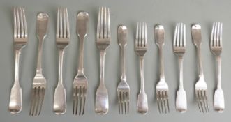 Eleven Georgian, William IV and Victorian hallmarked silver fiddle pattern forks comprising five