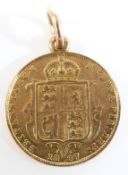 1887 gold half sovereign in pendant mount with fixed suspension loop, 4.39g