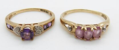 Two 9ct gold rings one set with an amethyst and diamond and the other set with pink sapphires, 3.8g