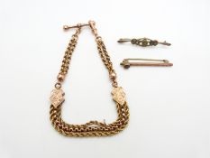 Two 9ct gold brooches, and a Victorian fob chain made into a bracelet