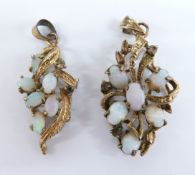 Two foliate pendants set with opal cabochons, length of longer 36mm