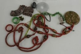 A collection of agate jewellery including pendants, jadeite, etc
