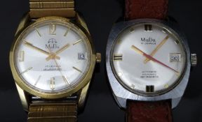 Two MuDu automatic gentleman's wristwatches both with date apertures, gold hands and silver dials,