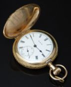 Elgin gold plated keyless winding full hunter pocket watch with inset subsidiary seconds dial, blued