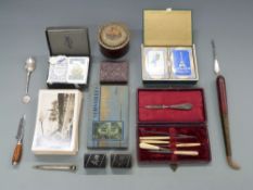 Two Georgian lacquer snuff boxes, manicure items including hallmarked silver handled, mother of