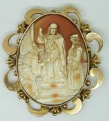Victorian brooch set with a large cameo depicting a scene of a gentleman being blessed, 7.5 x 6.6cm