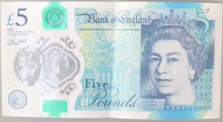 Bank of England polymer £5 note with error, missing gold Elizabeth Tower and Big Ben, circulated