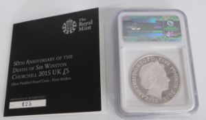Churchill Royal Mint silver proof NGC slabbed Piedfort £5, 2015 with certificate, 38.6mm diameter,