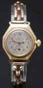 Rolex 9ct gold wristwatch with inset subsidiary seconds dial, blued hands, black Arabic numerals,