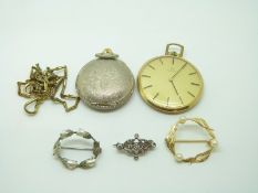 A yellow metal brooch set with seed pearls, a blister pearl brooch, a paste brooch, a Certina pocket