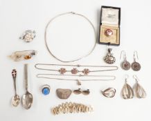 A collection of silver jewellery including two silver necklaces, a bracelet,  pair of earrings and