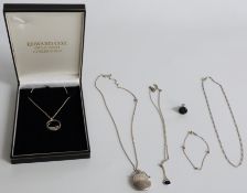 Victorian white metal fob set with banded agate, silver locket, cat pendant, silver pendant etc