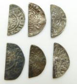 Hammered silver six cut half pennies, 'Henry/Richard or John' short cross examples