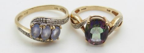 A 9ct gold ring set with mystic topaz and a 9ct gold ring set with amethysts and diamonds, 5.6g