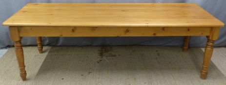 Pine kitchen table, L241 x W86 x H77cm together with four Windsor chairs