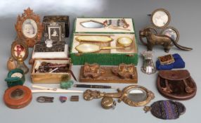 Quantity of collectables including gilt and enamel Kensington pendant, Victorian marble paperweight,