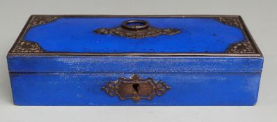 Victorian blue lacquer or similar glove box with decorative metal fittings, suspension loop and key.