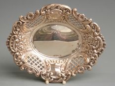 Victorian style hallmarked silver bonbon dish with pierced and embossed rim, Sheffield 1973 maker