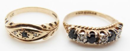 A 9ct gold ring set with a sapphire and diamonds and a 9ct gold half eternity ring set with