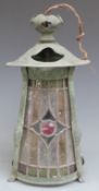 19th or early 20thC Arts and Crafts or Art Nouveau copper and stained glass hanging light, by repute