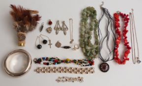 A collection of costume jewellery including agate beads, diamanté earrings, De Farre bracelet,