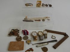 WWII war medals, silver cufflinks, life saving medal, Avia watch, cigarette cards, zircon ring etc